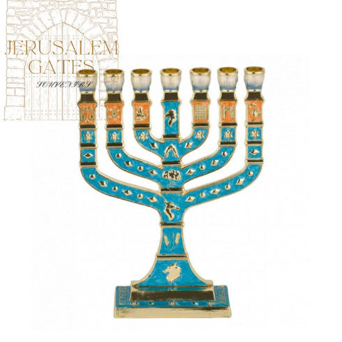 Gold Plated 12 Tribes Temple Jerusalem Ornament 7 Branch Menorah